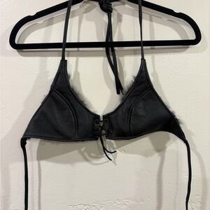Black Leather and Fur Lace-Up Bralette